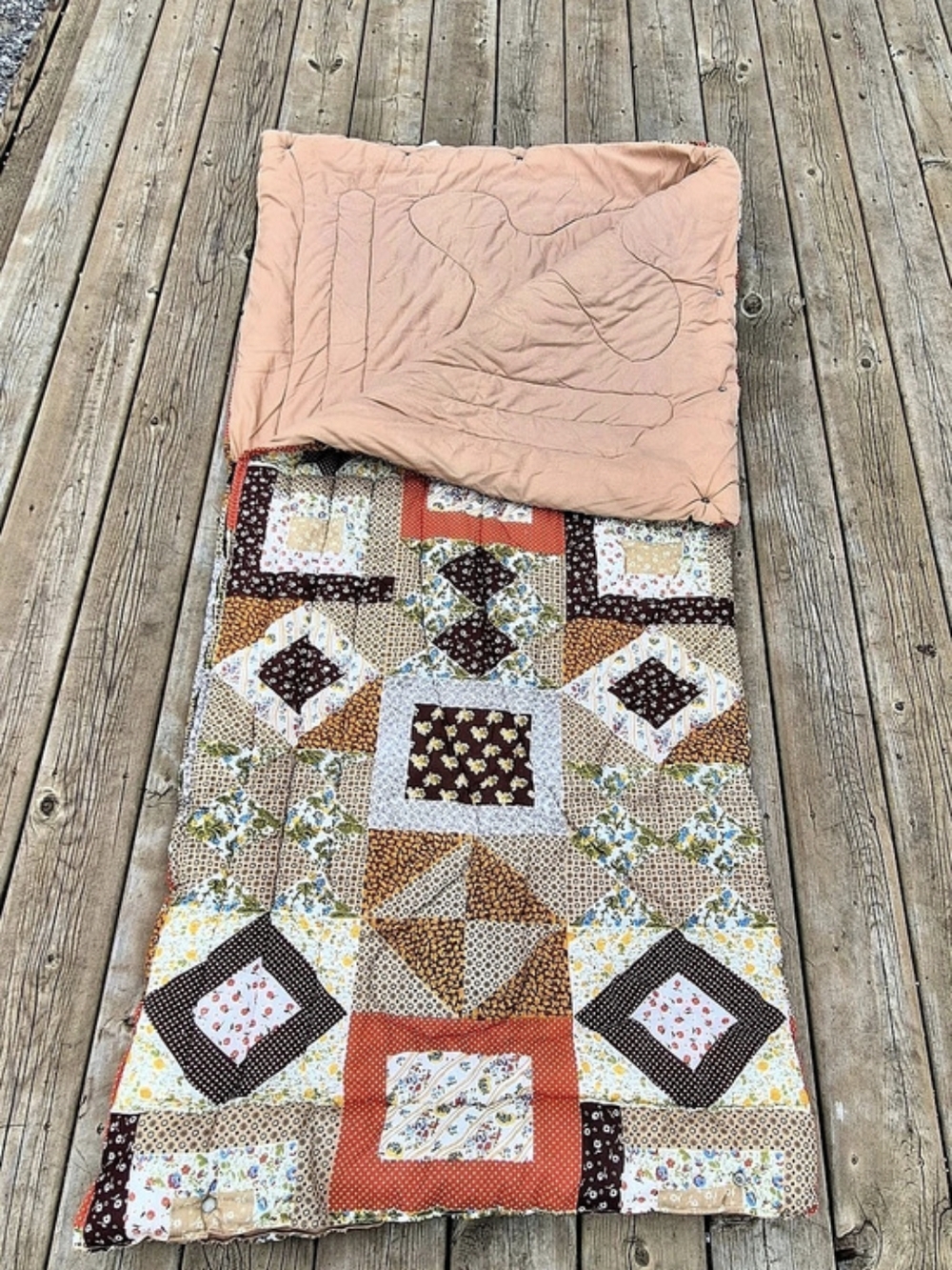 Vintage 1970s Patchwork Sleeping Bag Made in Canada | Retro Orange Brown Calico